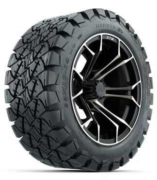 Angled view of the 14" Spyder Matte Black and Bronze golf cart wheel with mounted 22x10-14 GTW Timberwolf A/T tire, Item #A19-651.