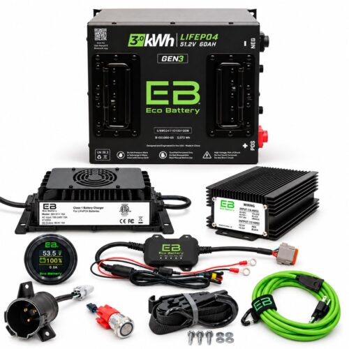 Eco Battery B-3146 51V 60Ah Club Car factory lithium battery bundle with charger, converter, display, adapters and mounting strap