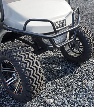 black powder coated brush guard installed on the front of an E-Z-Go TXT golf cart