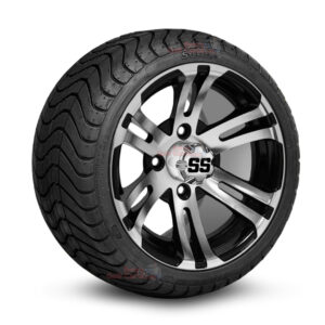 12" Bulldog Black/Machined Golf Cart Wheels and 215/35-12 DOT Low Profile Street/Turf Golf Cart Tires Combo - Set of 4 (18" tall)