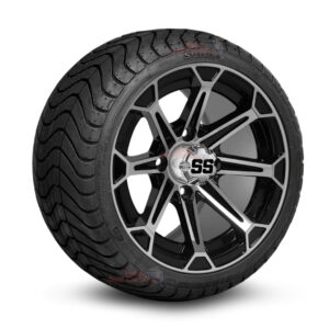 12" Viking Black/Machined Golf Cart Wheels and 215/35-12 DOT Low Profile Street/Turf Golf Cart Tires Combo - Set of 4 (18" tall)