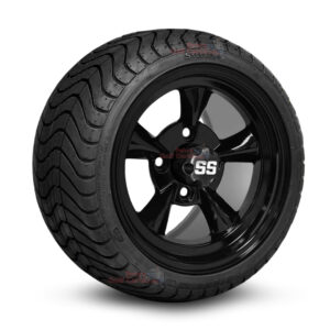 12" Godfather Gloss Black Golf Cart Wheels and 215/35-12 DOT Low Profile Street/Turf Golf Cart Tires Combo - Set of 4 (18" tall)