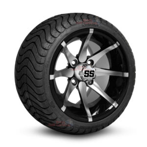 12" Kraken Black/Machined Golf Cart Wheels and 215/35-12 DOT Low Profile Street/Turf Golf Cart Tires Combo - Set of 4 (18" tall)