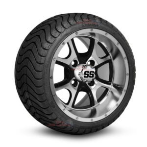 12" Predator Black/Machined Golf Cart Wheels and 215/35-12 DOT Low Profile Street/Turf Golf Cart Tires Combo - Set of 4 (18" tall)