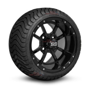 12" Storm Trooper Gloss Black Golf Cart Wheels and 215/35-12 DOT Low Profile Street/Turf Golf Cart Tires Combo - Set of 4 (18" tall)