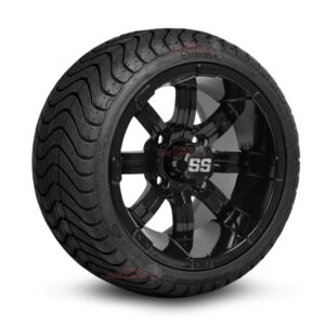 12" Tempest Gloss Black Golf Cart Wheels and 215/35-12 DOT Low Profile Street/Turf Golf Cart Tires Combo - Set of 4 (18" tall)