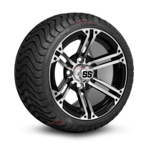 12" Terminator Black/Machined Golf Cart Wheels and 215/35-12 DOT Low Profile Street/Turf Golf Cart Tires Combo - Set of 4 (18" tall)