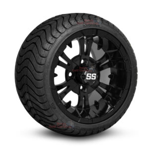 12" Vampire Gloss Black Golf Cart Wheels and 215/35-12 DOT Low Profile Street/Turf Golf Cart Tires Combo - Set of 4 (18" tall)