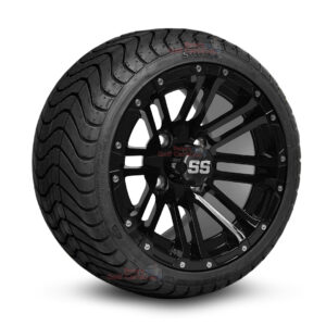 12" HD3 Gloss Black Golf Cart Wheels and 215/35-12 DOT Low Profile Street/Turf Golf Cart Tires Combo - Set of 4 (18" tall)
