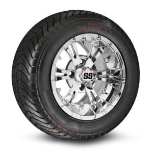 12" Vampire Chrome Golf Cart Wheels and 215/50-12 DOT Comfortride Street/Turf Golf Cart Tires Combo - Set of 4 (20.5" tall)