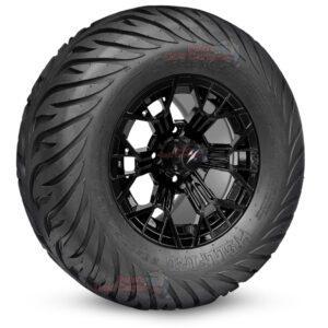 12" Mantis Gloss Black Golf Cart Wheels and 23x10.5-12 Hellfire Street/Turf Golf Cart Tires Combo - Set of 4 (23" tall)