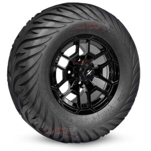 12" Talon Gloss Black Golf Cart Wheels and 23x10.5-12 Hellfire Street/Turf Golf Cart Tires Combo - Set of 4 (23" tall)