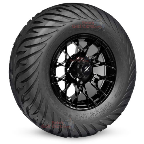 BNDL-TR1215-WH1274 12" Tarantula Gloss Black Golf Cart Wheels and 23x10.5-12 Hellfire DOT Street Tires Combo – Set of 4 (23" Tall) SGC