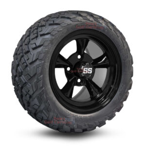 12" Godfather Gloss Black Golf Cart Wheels and 20x10-12 Ironclad All Terrain Golf Cart Tires Combo - Set of 4