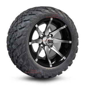 12" Kraken Black/Machined Golf Cart Wheels and 20x10-12 Ironclad All Terrain Golf Cart Tires Combo - Set of 4 (20" tall)