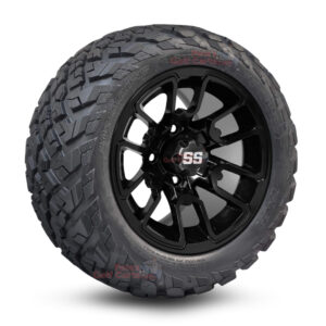12" Lizard Gloss Black Golf Cart Wheels and 20x10-12 Ironclad All Terrain Golf Cart Tires Combo - Set of 4
