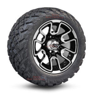 12" Lizard Black/Machined Golf Cart Wheels and 20x10-12 Ironclad All Terrain Golf Cart Tires Combo - Set of 4 (20" tall)