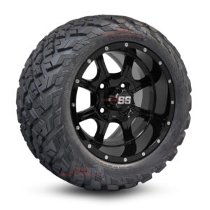 12" Stalker Gloss Black Golf Cart Wheels and 20x10-12 Ironclad All Terrain Golf Cart Tires Combo - Set of 4