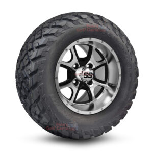 12" Predator Black/Machined Golf Cart Wheels and 20x10-12 Ironclad All Terrain Golf Cart Tires Combo - Set of 4 (20" tall)