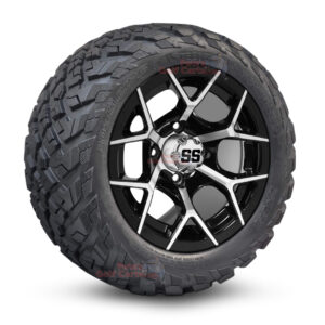 12" Rally Black/Machined Golf Cart Wheels and 20x10-12 Ironclad All Terrain Golf Cart Tires Combo - Set of 4 (20" tall)