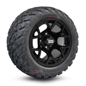 12" Rally Gloss Black Golf Cart Wheels and 20x10-12 Ironclad All Terrain Golf Cart Tires Combo - Set of 4