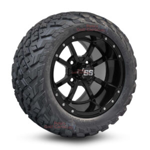 12" Storm Trooper Gloss Black Golf Cart Wheels and 20x10-12 Ironclad All Terrain Golf Cart Tires Combo - Set of 4