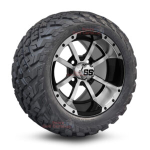 12" Storm Trooper Black/Machined Golf Cart Wheels and 20x10-12 Ironclad All Terrain Golf Cart Tires Combo - Set of 4 (20" tall)