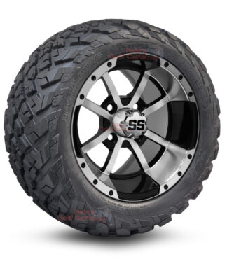 12" Storm Trooper Black/Machined Golf Cart Wheels and 20x10-12 Ironclad All Terrain Golf Cart Tires Combo - Set of 4 (20" tall)