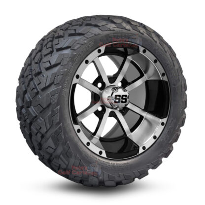 12" Storm Trooper Black/Machined Golf Cart Wheels and 20x10-12 Ironclad All Terrain Golf Cart Tires Combo - Set of 4 (20" tall)