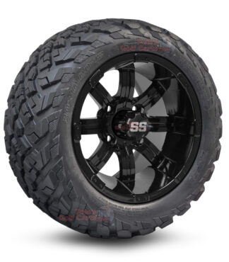 12" Tempest Gloss Black Golf Cart Wheels and 20x10-12 Ironclad All Terrain Golf Cart Tires Combo - Set of 4