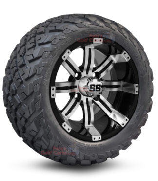 12" Tempest Black/Machined Golf Cart Wheels and 20x10-12 Ironclad All Terrain Golf Cart Tires Combo - Set of 4 (20" tall)