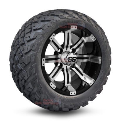 12" Tempest Black/Machined Golf Cart Wheels and 20x10-12 Ironclad All Terrain Golf Cart Tires Combo - Set of 4 (20" tall)