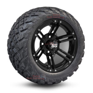 12" Terminator Gloss Black Golf Cart Wheels and 20x10-12 Ironclad All Terrain Golf Cart Tires Combo - Set of 4