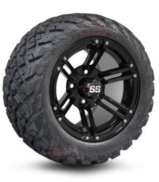 12" Terminator Gloss Black Golf Cart Wheels and 20x10-12 Ironclad All Terrain Golf Cart Tires Combo - Set of 4