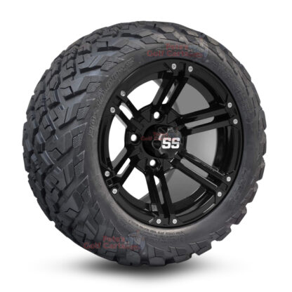 12" Terminator Gloss Black Golf Cart Wheels and 20x10-12 Ironclad All Terrain Golf Cart Tires Combo - Set of 4
