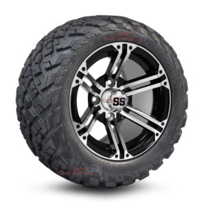 12" Terminator Black/Machined Golf Cart Wheels and 20x10-12 Ironclad All Terrain Golf Cart Tires Combo - Set of 4 (20" tall)
