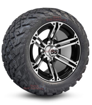 12" Terminator Black/Machined Golf Cart Wheels and 20x10-12 Ironclad All Terrain Golf Cart Tires Combo - Set of 4 (20" tall)
