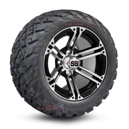 12" Terminator Black/Machined Golf Cart Wheels and 20x10-12 Ironclad All Terrain Golf Cart Tires Combo - Set of 4 (20" tall)