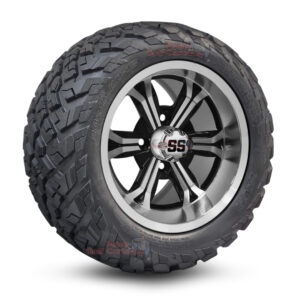 12" Transformer Black/Machined Golf Cart Wheels and 20x10-12 Ironclad All Terrain Golf Cart Tires Combo - Set of 4 (20" tall)