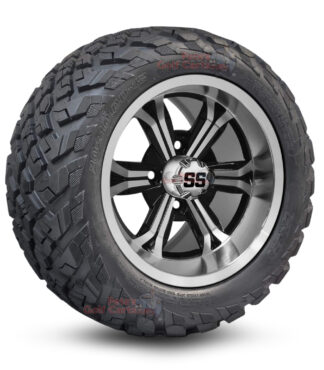 12" Transformer Black/Machined Golf Cart Wheels and 20x10-12 Ironclad All Terrain Golf Cart Tires Combo - Set of 4 (20" tall)