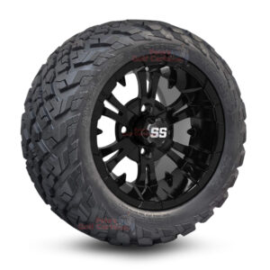 12" Vampire Gloss Black Golf Cart Wheels and 20x10-12 Ironclad All Terrain Golf Cart Tires Combo - Set of 4