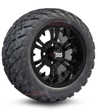 12" Vampire Gloss Black Golf Cart Wheels and 20x10-12 Ironclad All Terrain Golf Cart Tires Combo - Set of 4