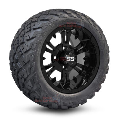 12" Vampire Gloss Black Golf Cart Wheels and 20x10-12 Ironclad All Terrain Golf Cart Tires Combo - Set of 4