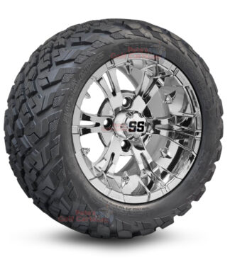 12" Vampire Chrome Golf Cart Wheels and 20x10-12 Ironclad All Terrain Golf Cart Tires Combo - Set of 4 (20" tall)