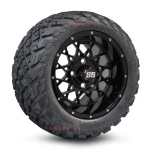 12" Matrix Gloss Black Golf Cart Wheels and 20x10-12 Ironclad All Terrain Golf Cart Tires Combo - Set of 4