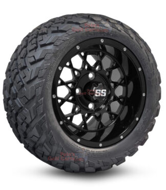 12" Matrix Gloss Black Golf Cart Wheels and 20x10-12 Ironclad All Terrain Golf Cart Tires Combo - Set of 4