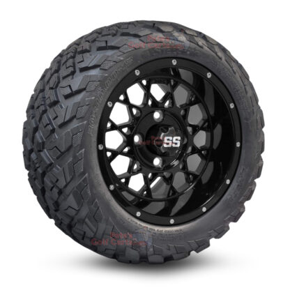 12" Matrix Gloss Black Golf Cart Wheels and 20x10-12 Ironclad All Terrain Golf Cart Tires Combo - Set of 4