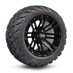 12" Lancer Gloss Black Golf Cart Wheels and 20x10-12 Ironclad All Terrain Golf Cart Tires Combo - Set of 4 (20" tall)