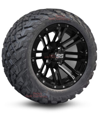 12" Lancer Gloss Black Golf Cart Wheels and 20x10-12 Ironclad All Terrain Golf Cart Tires Combo - Set of 4 (20" tall)
