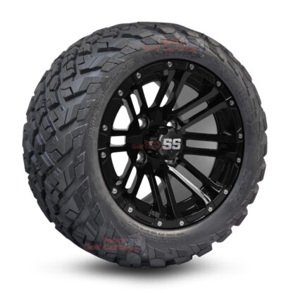 12" Lancer Gloss Black Golf Cart Wheels and 20x10-12 Ironclad All Terrain Golf Cart Tires Combo - Set of 4 (20" tall)